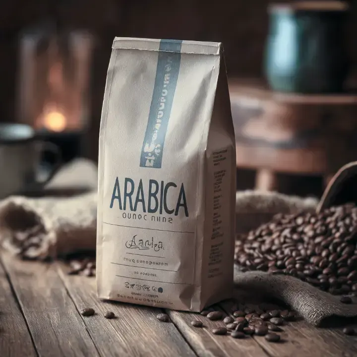 Kaffeepackung «Arabica» auf einem Holztisch mit Kaffeebohnen