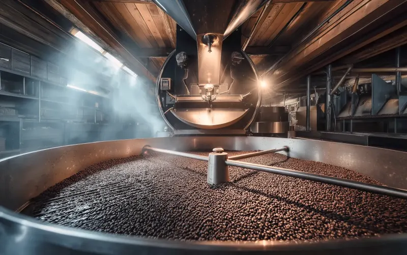 Freshly roasted coffee beans in the cooling tray of our roastery