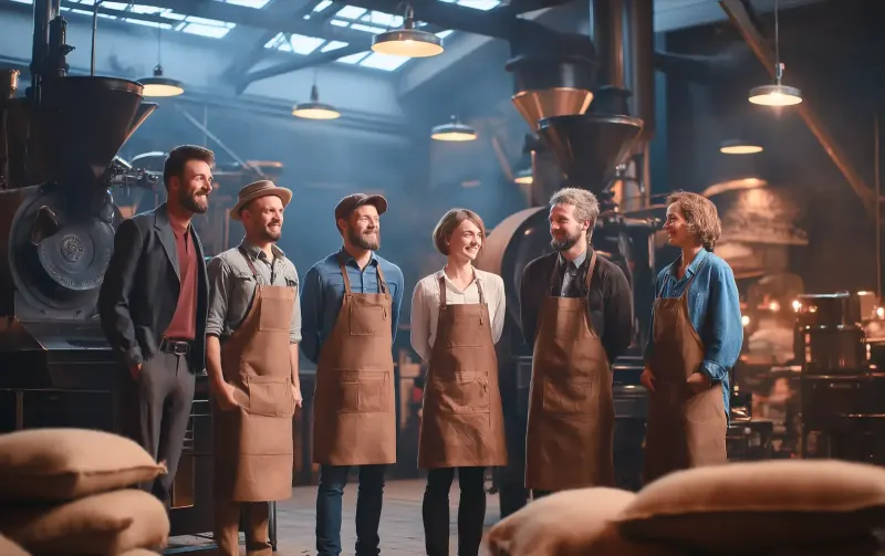 The team of Kaffee-Rösterei Rheinfelden in aprons in front of the roasting machines